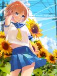  1girl arm_at_side arm_up blue_eyes blue_sailor_collar blue_skirt blue_sky blush breasts character_name chuutaro_metal closed_mouth cloud commentary cowboy_shot cumulonimbus_cloud day field floating_hair flower flower_field hair_between_eyes highres higurashi_no_naku_koro_ni large_breasts looking_at_viewer midriff_peek miniskirt navel neckerchief orange_hair outdoors pleated_skirt revision ryuuguu_rena sailor_collar sailor_shirt school_uniform serafuku shirt short_hair short_sleeves skirt sky smile solo sparkle split_mouth sunflower sunflower_field tareme utility_pole white_shirt wind yellow_neckerchief 