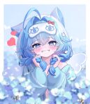  1girl absurdres ahoge animal_ears arahashi_tabi blue_cardigan blue_eyes blue_flower blue_hair blue_nails blurry blurry_foreground blush border bow braid cardigan commentary_request crossed_bangs depth_of_field double-parted_bangs fingernails flower grin hair_flower hair_intakes hair_ornament heart heart-shaped_pupils highres holding_own_hair hydrangea korean_commentary long_hair long_sleeves looking_at_viewer loving_aura low-braided_long_hair low-tied_long_hair m_cream01 mask mask_on_head nail_polish no_shirt open_cardigan open_clothes outside_border pink_pupils red_bow sleep_mask smile solo stellive symbol-shaped_pupils transparent_wings upper_body variant_set virtual_youtuber white_border wings 