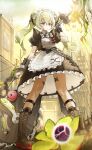  12xiaopumpit29 1girl absurdres animal_bag apron bear_bag black_boots black_bow black_dress black_nails boots bow chain chain-link_fence circular_saw commentary_request corin_wickes dress ethereal_(zenless_zone_zero) fence green_hair hair_between_eyes highres holding_saw long_hair looking_at_viewer maid maid_headdress outdoors puffy_short_sleeves puffy_sleeves purple_eyes road saw screw_hair_ornament short_sleeves solo_focus street twintails white_apron zenless_zone_zero 