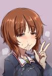  1girl blue_jacket brown_eyes brown_hair collared_jacket commentary_request cum cum_in_mouth cum_on_clothes girls_und_panzer gokkun green_shirt highres jacket kabutowari nishizumi_miho shirt solo steam stray_pubic_hair upper_body v 
