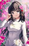  1girl absurdres ahoge ao_dai black_hair blue_eyes blush breasts commentary_request floral_background floral_print flower hair_flower hair_ornament hand_in_own_hair highres long_hair looking_at_viewer medium_breasts open_mouth original smile tassel tassel_hair_ornament teeth upper_body upper_teeth_only very_long_hair wanatsu_15 