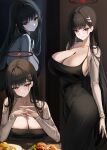  1girl absurdres alternate_costume black_dress black_hair blue_archive breasts bright_pupils cleavage closed_mouth collarbone commentary_request dress food hair_ornament hairclip halo highres large_breasts long_hair long_sleeves looking_at_viewer multiple_views parted_lips red_eyes rio_(blue_archive) sab_(sab2500) smile standing white_pupils 