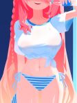 1girl :d alternate_costume ass_visible_through_thighs bikini bikini_bottom_only blue_archive blue_background blue_bikini blush bottle braid breasts collarbone commentary cowboy_shot english_commentary eyes_out_of_frame facing_viewer fingernails granvell groin hanako_(blue_archive) hand_up head_out_of_frame highres holding holding_bottle large_breasts long_hair midriff navel pink_hair shirt short_sleeves simple_background single_braid smile solo sparkle spilling standing straight-on striped_bikini striped_clothes swimsuit teeth tied_shirt upper_teeth_only very_long_braid very_long_hair water_bottle white_bikini white_shirt 