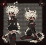  ahoge arms_between_legs border bow braid braided_ponytail closed_mouth dark-skinned_female dark_skin frilled_gloves frilled_shorts frilled_thighhighs frills gloves grey_hair hand_up heart heart_ahoge high-waist_shorts liar_(sh4rkle) long_hair long_sleeves low_ponytail no_shoes original ornate_border outside_border pointy_ears ponytail red_bow sh4rkle shorts shrug_(clothing) single_braid sitting standing thighhighs very_long_hair wariza white_gloves 