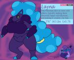 anthro artist_logo big_breasts black_sclera blue_body blue_ears blue_fur blue_hair blue_inner_ear breasts character_name cosmog eyelashes featureless_breasts female fluffy fluffy_hair fur fusion generation_5_pokemon generation_7_pokemon hair hi_res hybrid imperial_unit layna_(sheepie) legendary_pokemon logo nintendo pointy_ears pokedex_entry pokemon pokemon_(species) pokemon_fusion pokemorph prick_ears purple_background sheepie_(artist) signature simple_background smile smirk solo stated_height stated_weight text tied_hair yellow_eyes yellow_hair_tie zoroark