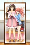  1boy 1girl alternate_hair_length_(longer) ankle_lace-up arm_hug bare_shoulders blue_jacket blush bow breasts brown_bow brown_eyes brown_hair brown_shoes casual clenched_hands closed_mouth collarbone commentary commission cosplay couple crossdressing crossdressing_(mtf) dress dress_bow english_commentary eyes_visible_through_hair footwear_bow frilled_dress frills full-length_mirror full_body furrowed_brow grey_slippers hair_between_eyes hair_bow hairband hands_up hetero highres hoshina_shuuji inaba_meguru indoors jacket lewdkuma long_hair looking_at_mirror looking_at_viewer medium_breasts medium_dress mirror off-shoulder_dress off_shoulder official_alternate_costume open_clothes open_jacket orange_bow orange_hair pink_dress pink_shirt red_eyes red_hairband reflection reflection_focus sanoba_witch shiiba_tsumugi shiiba_tsumugi_(cosplay) shirt shoes side_ponytail sleeves_past_wrists slippers smile solo split_mouth standing two-tone_dress wavy_hair white_bow white_dress 