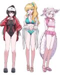  3girls :d absurdres arms_behind_back bare_shoulders bikini black_hair black_one-piece_swimsuit blonde_hair blue_bikini blue_eyes blush braid breasts brown_sandals cleavage commentary_request crocs frilled_bikini frills gradient_hair grey_sandals groin hand_on_own_hip highres innertube jacket large_breasts long_hair long_sleeves mahou_shoujo_no_majo_saiban medium_breasts multicolored_hair multiple_girls navel nikaido_hiro one-piece_swimsuit open_clothes open_jacket pink_bikini pink_eyes pink_hair pink_sandals pizzasi ponytail puffy_long_sleeves puffy_sleeves red_eyes red_jacket revision saeki_miria sakuraba_ema sandals see-through_clothes side_ponytail simple_background smile striped_bikini striped_clothes swim_ring swimsuit swimsuit_under_clothes very_long_hair visor_cap whistle whistle_around_neck white_background white_hair 