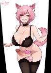  1girl aki_(akitakatsuya) animal_ear_piercing animal_ears black_bra black_collar black_sclera black_thighhighs bottomless bra breasts cat_ears cat_girl cat_tail cleavage collar colored_sclera commission covered_nipples cowboy_shot facial_mark final_fantasy final_fantasy_xiv futanari heterochromia highres huge_breasts lewd_dimension looking_at_viewer motion_lines penis pink_hair pubic_tattoo purple_eyes red_eyes short_hair smile solo tail tattoo testicle_tattoo testicles thighhighs uncensored underwear whisker_markings 