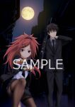  1boy 1girl absurdres aiming aiming_at_viewer alley anime_coloring arm_up artist_request black_hair black_jacket black_necktie black_pants black_scrunchie black_skirt brother_and_sister brown_eyes brown_pantyhose chigusa_asuha chigusa_kasumi closed_mouth collared_shirt commentary_request convenient_leg dual_wielding frown full_moon grey_shirt gun hair_ornament hair_scrunchie hairclip half-closed_eye hand_on_own_neck hand_up handgun high_ponytail highres holding holding_gun holding_weapon jacket lapels long_hair long_sleeves looking_at_viewer merchandise_available miniskirt moon necktie night notched_lapels official_alternate_costume official_art on_one_knee one_eye_closed open_clothes open_jacket outdoors pants pantyhose ponytail qualidea_code red_hair rifle sample_watermark sanpaku scrunchie second-party_source serious shirt shirt_tucked_in short_hair siblings skirt sky solo split_mouth squatting standing star_(sky) starry_sky thighband_pantyhose watermark weapon white_shirt 