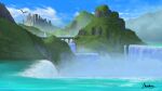  ariarts artist_name blue_sky castle cloud commentary day dragon english_commentary fantasy fog highres hill landscape no_humans ocean original outdoors scenery shore sky water waterfall western_dragon 