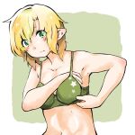  1girl adjusting_bra adjusting_clothes blonde_hair blush bra breasts closed_mouth commentary_request green_background green_bra green_eyes highres koma_kitsune_(kururito) medium_breasts mizuhashi_parsee navel pointy_ears short_hair simple_background solo star_(symbol) star_print touhou two-tone_background underwear upper_body white_background 