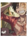  3boys black_hair blurry blurry_foreground closed_eyes collarbone commentary cross_scar crossed_arms green_hair grin hat highres hurezasick monkey_d._luffy multiple_boys one_piece open_clothes open_shirt pectorals pink_hat red_shirt roronoa_zoro scar scar_on_cheek scar_on_chest scar_on_face shirt short_hair smile tony_tony_chopper untranslatable_commentary 