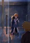  1girl 2boys absurdres aged_down black_hair bleach blood brother_and_sister brown_eyes child commentary english_commentary full_body glass_door grey_skirt highres injury inoue_orihime inoue_sora_(bleach) joshyjoshj kurosaki_ichigo multiple_boys open_door orange_hair rain school_uniform serafuku siblings skirt standing wide-eyed 