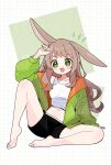  1girl animal_ears barefoot black_shorts brown_hair commentary_request full_body green_eyes green_jacket hand_up highres jacket long_hair long_sleeves looking_at_viewer midriff navel neruk0hasodatu open_clothes open_jacket open_mouth original rabbit_ears shirt short_shorts shorts sitting smile solo white_shirt 