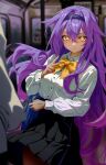  1girl absurdres anger_vein bag black_skirt breasts chinese_commentary commentary_request fibonacci_no_usagi headband highres honkai_(series) honkai_impact_3rd long_hair long_sleeves looking_at_viewer medium_breasts nail_polish necktie purple_hair purple_nails school_uniform shoulder_bag sirin sirin_(magic_academy_uniform) skirt solo subway very_long_hair yellow_eyes yellow_necktie 