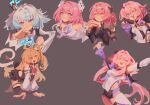  5girls ahoge bare_shoulders black_dress black_gloves black_leotard black_shorts black_skirt blonde_hair blue_eyes blue_hair breasts cerydra_(honkai:_star_rail) chinese_commentary cissia_(zenless_zone_zero) color_connection commentary_request company_connection corset cropped_torso crown cyrene_(demiurge)_(honkai:_star_rail) cyrene_(honkai:_star_rail) doumi_doumi dress elf elysia_(honkai_impact) elysia_(miss_pink_elf)_(honkai_impact) gloves grey_background hair_color_connection hair_intakes highres honkai:_star_rail honkai_(series) honkai_impact_3rd inoue_marina large_breasts leotard long_hair looking_at_viewer medium_breasts medium_hair mihoyo multiple_girls official_alternate_costume open_mouth pink_hair pointy_ears purple_eyes purple_hair remielle_dan remielle_dan_(moonlight_whispers) short_shorts shorts simple_background skirt smile snake_girl snake_tail tail thighs very_long_hair voice_actor_connection white_corset white_dress yanning zenless_zone_zero 