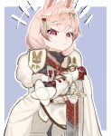  1girl :t ahoge animal_ears armor belt blue_background border braid breastplate cape chainmail character_name closed_mouth commentary emphasis_lines english_commentary fur-trimmed_cape fur_trim gauntlets gold_trim hair_ornament head_chain heart heart_hair_ornament highres holding holding_sword holding_weapon jewelry knight long_hair official_alternate_costume official_alternate_hairstyle pauldrons phase_connect pink_hair pipkin_pippa pipkin_pippa_(wippa) pout rabbit_ears rabbit_girl red_belt red_eyes shoulder_armor side_braid sidelocks simple_background single_pauldron solo sword tabard virtual_youtuber wax_seal wax_seal_hair_ornament weapon white_belt white_border white_cape white_tabard yamzzity 