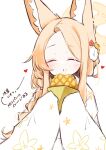  1girl absurdres alternate_costume animal_ear_fluff animal_ears blonde_hair blue_archive blush bread closed_eyes commentary_request eating flower food food_on_face forehead fox_ears fox_girl hair_flower hair_ornament halo highres holding holding_food japanese_clothes kimono long_hair melon_bread multi-tied_hair partial_commentary red_flower seia_(blue_archive) sleeves_past_fingers sleeves_past_wrists solo sonn_er white_flower white_kimono yellow_flower yellow_halo 