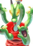  absurdres apple candy_apple closed_eyes colored_sclera colored_skin commentary_request food fruit green_skin highres horns hydra hydrapple ki_no_maru looking_at_viewer no_humans nostrils open_mouth pokemon pokemon_(creature) pokemon_focus red_eyes simple_background tongue tongue_out white_background wyrm yellow_sclera 