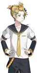  1boy absurdres aqua_bow black_pants black_sailor_collar blonde_hair blue_bow blue_eyes bow collarbone commentary detached_sleeves embarrassed hair_bow hands_on_own_hips highres kagamine_len looking_to_the_side male_focus napio necktie orange_bow pants pink_bow ponytail red_bow sailor_collar shirt short_ponytail signature solo standing vocaloid white_shirt yellow_necktie 
