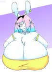 2026 anthro backwards_cap bell bell_collar big_breasts blue_hair boobfan06 breasts bust_portrait busty_boy_(lore) cleavage clothed clothing collar colored_sketch digital_drawing_(artwork) digital_media_(artwork) ear_piercing femboy fluffy fluffy_chest fur gynomorph hair hair_over_eye huge_breasts hyper hyper_breasts intersex lagomorph male_(lore) mallkin mammal multicolored_hair pb_(theycallhimcake) piercing pink_eyes pink_hair portrait simple_background sketch smile solo topwear white_body white_fur yellow_clothing