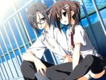  1boy 1girl 2000s_(style) black_thighhighs book brown_eyes brown_hair chain-link_fence clothes_lift collared_shirt earrings fence frilled_skirt frills game_asset hair_between_eyes hand_on_own_leg holding holding_book indian_style jewelry kagome_(traumatize) kita_high_school_uniform_(subarashiki_hibi) long_hair_between_eyes looking_at_another minakami_yuki necktie non-web_source official_art open_mouth panties school_uniform self-datamine shirt short_sleeves sitting skirt skirt_lift subarashiki_hibi sweatdrop thighhighs underwear variant_set visual_novel_cg white_panties white_shirt yuuki_tomosane 