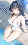  1girl alternate_costume armpit_crease bare_shoulders black_hair blue_eyes blue_hair blush breasts commentary hair_intakes highres hololive hololive_english large_breasts long_hair looking_at_viewer looking_up multicolored_hair nurizza_ilst one-piece_swimsuit ouro_kronii pool poolside sideboob sitting soaking_feet solo swimsuit thighs virtual_youtuber water wet white_one-piece_swimsuit 