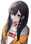  1girl absurdres black_choker black_hair blue_streaks braid choker commentary double-parted_bangs drawstring from_above green_jacket hair_behind_ear hair_between_eyes highres hood hood_down hoodie ichinose_uruha ichinose_uruha_(2nd_costume) jacket jacket_over_hoodie long_hair long_sleeves looking_at_viewer minato_yu multicolored_hair open_clothes open_jacket parted_lips pendant_choker purple_eyes raised_eyebrows side_braid simple_background single_hair_streak solo streaked_hair two-sided_fabric two-sided_jacket upper_body virtual_youtuber vspo! white_background white_hoodie yellow_jacket 