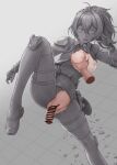  1boy 1girl bar_censor belt breasts breasts_out censored commentary_request crack duzimura empty_eyes grabbing_another's_breast grey_background groping hetero highres knees_up legs medium_breasts medium_hair nipples nude penis petrification pussy sex shoes simple_background solo_focus standing standing_on_one_leg thighhighs transformation vaginal variant_set zenless_zone_zero zhu_yuan 