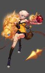  1girl ? absurdres bag bandaid bandaid_on_leg black_choker black_jacket black_shoes black_shorts black_socks blonde_hair blue_eyes blush book brown_bag chain choker collarbone commentary_request creator_(dungeon_and_fighter) cropped_jacket dungeon_and_fighter eyelashes full_body glint grey_background handbag highres holding holding_book j_ang jacket long_sleeves motion_blur open_clothes open_jacket open_mouth pointy_ears shoes short_hair short_shorts shorts simple_background single_off_shoulder smile socks solo sweater teeth very_short_hair yellow_sweater 