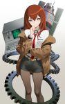  1girl absurdres aldrich.art arm_belt arm_under_breasts blue_eyes brown_hair brown_jacket brown_pantyhose closed_mouth collared_shirt commentary_request computer crossed_bangs feet_out_of_frame gears gradient_background grey_background hair_between_eyes hand_up highres ibn5100 jacket long_hair long_sleeves looking_at_viewer makise_kurisu necktie off_shoulder pantyhose pantyhose_under_shorts red_necktie satellite science_adventure shirt short_shorts shorts solo standing steins;gate white_shirt 