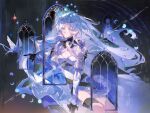  1girl arm_armor bird character_request cleavage_cutout clothing_cutout colored_eyelashes commentary commission copyright_request crown dress eliza_804 grey_eyes grey_hair highres key long_hair looking_at_viewer short_dress sitting solo thigh_strap thighs untranslatable_commentary 