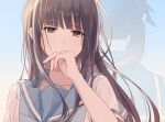  2girls aqua_background aqua_neckerchief aqua_sailor_collar blue_hair commentary_request covering_own_mouth facing_away facing_viewer flower_ring gradient_background hand_over_own_mouth hand_up hibike!_euphonium highres kasaki_nozomi kitauji_high_school_uniform long_hair looking_at_viewer multiple_girls neckerchief ponytail red_eyes sailor_collar sawara65 school_uniform shirt simple_background translucent white_background white_shirt yoroizuka_mizore 