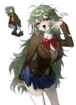  1girl absurdres arm_up artist_name blue_skirt blush bow bowtie brown_jacket brown_sweater_vest buro_moon character_hair_ornament collared_shirt colored_skin dated dot_nose drooling fangs fangs_out genderswap genderswap_(mtf) green_hair green_skin hair_ornament hairclip highres jacket leaning_forward long_hair long_sleeves messy_hair official_art_inset open_mouth pale_skin parallel_hairclips plants_vs._zombies red_bow red_bowtie red_eyes reference_inset school_uniform shirt skirt sleeves_past_wrists socks solo sweater_vest thighhighs tongue tongue_out torn_clothes torn_jacket torn_skirt undead v white_shirt white_thighhighs x_hair_ornament zombie zombie_(plants_vs._zombies) 