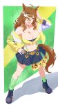  1girl absurdres ahoge alternate_breast_size_(larger) animal_ears bandeau bare_shoulders blue_skirt braid breasts brown_hair cleavage collarbone commentary english_commentary fang green_socks hair_between_eyes hair_ornament hairclip half_up_half_down_braid highres horse_ears horse_girl horse_tail jacket jewelry jungle_pocket_(champion's_battle_cry)_(umamusume) jungle_pocket_(umamusume) large_breasts long_sleeves looking_at_viewer medium_hair mergeritter navel notched_ear open_clothes open_mouth single_loose_sock skirt smile socks solo steel-toe_boots tail teeth umamusume yellow_bandeau yellow_eyes yellow_jacket 