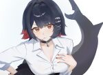  1girl absurdres black_hair black_skirt blush breasts candy closed_mouth commentary dawn_(user_trcu5847) ellen_joe ellen_joe_(on_campus) fins fish_tail food food_in_mouth hair_ornament highres large_breasts large_tail lollipop lollipop_in_mouth long_sleeves looking_at_viewer mole mole_under_eye official_alternate_costume pleated_skirt red_eyes red_hair school_uniform shark_girl shark_tail short_hair simple_background skirt solo tail upper_body white_background x_hair_ornament zenless_zone_zero 