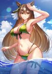  1girl absurdres animal_ears armpits bare_shoulders bikini blue_sky blush braid breasts brown_eyes brown_hair cleavage cloud commentary ear_ornament english_commentary green_bikini hair_between_eyes half_up_braid highres horse_ears horse_girl jewelry large_breasts long_hair looking_at_viewer missing_tail multicolored_hair navel necklace ocean open_mouth outdoors patterned_hair rayleigh_scale satono_diamond_(umamusume) sky smile solo stomach streaked_hair swimsuit umamusume very_long_hair wading water 
