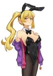  1girl absurdres animal_ear_hairband animal_ears black_bow black_bowtie black_hairband black_leotard black_pantyhose blonde_hair blush bow bowtie breasts cleavage clenched_hands closed_mouth collarbone covered_navel cowboy_shot detached_collar fake_animal_ears from_side hair_between_eyes hair_tie hairband hands_up highleg highleg_leotard highres holding_sleeve jacket jacket_down kiss-shot_acerola-orion_heart-under-blade large_breasts leotard lips long_hair long_sleeves looking_at_viewer monogatari_(series) off_shoulder oshino_shinobu pantyhose playboy_bunny pointy_ears purple_jacket rabbit_ear_hairband rabbit_ears rabbit_tail ricman_rt ringed_eyes shiva_(bare_knuckle) side_ponytail sidelocks simple_background smile solo standing strapless strapless_leotard tail two-sided_fabric two-sided_jacket white_background yellow_eyes zipper_pull_tab 