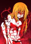  1girl absurdres angry bare_shoulders bleach bleach:_sennen_kessen-hen blood blood_on_breasts blood_on_face breasts center_opening cleavage collared_shirt commentary detached_sleeves english_commentary feet_out_of_frame fighting_stance hair_between_eyes hair_ornament hair_over_shoulder hairclip hand_on_own_knee highres inoue_orihime juliet_sleeves large_breasts leaning_forward long_hair long_skirt long_sleeves looking_ahead messy_hair nakanokouga open_mouth orange_hair puffy_sleeves red_background red_eyes shirt shun_shun_rikka simple_background skirt sleeveless sleeveless_shirt solo standing straight_hair teeth torn_clothes torn_sleeves very_long_hair white_shirt white_skirt 
