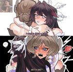 2girls arm_around_neck bare_shoulders black_background black_hair blue_eyes blush braid braided_bun brown_hair changvang columbina_(genshin_impact) genshin_impact hair_bun head_wings heart highres hug implied_futanari multicolored_hair multiple_girls open_mouth purple_eyes purple_streaks reference_inset sandrone_(genshin_impact) spoken_blush streaked_hair subtitled white_background wings yuri 