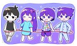  1girl 3boys antenna_hair aubrey_(headspace)_(omori) aubrey_(omori) bad_id bad_pixiv_id barefoot black_eyes black_hair black_tank_top blue_pajamas blue_pants blue_shirt blush bow bright_pupils brothers checkered_clothes closed_eyes closed_mouth collared_pajamas colored_skin commentary_request double-parted_bangs expressionless fang hair_between_eyes hair_bow hero_(headspace)_(omori) hero_(omori) hoshidashiki kel_(headspace)_(omori) kel_(omori) long_shirt long_sleeves looking_at_viewer multiple_boys musical_note omori omori_(omori) outline pajamas pants pink_bow purple_eyes purple_hair purple_shorts shirt short_hair short_sleeves shorts siblings sidelocks striped_clothes striped_pajamas striped_pants striped_shorts t-shirt tank_top vertical-striped_clothes vertical-striped_pajamas vertical-striped_pants vertical-striped_shorts white_outline white_pupils white_shorts white_skin 