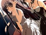  2000s_(style) 2girls black_dress closed_eyes cross cross_necklace dress eyes_out_of_frame frilled_dress frilled_dress_collar frills game_asset hand_up head_out_of_frame jewelry kagome_(traumatize) long_hair minakami_yuki multiple_girls necklace non-web_source official_art parted_lips self-datamine sitting subarashiki_hibi takashima_zakuro train_interior variant_set visual_novel_cg white_dress 