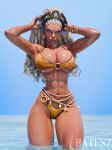  1girl armpits artist_name batesz bikini blue_eyes breasts large_breasts long_hair marvel marvel_rivals ocean outdoors signature solo storm_(x-men) swimsuit toned toned_female twitter_username very_long_hair white_hair 