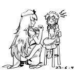  >_< 2girls aged_down apron chenwei_jun chinese_commentary commentary_request crying cup dated greyscale hat hat_ornament highres holding holding_cup hong_meiling izayoi_sakuya long_hair maid_headdress monochrome multiple_girls on_stool pants profile shirt sick sitting sketch skirt star_(symbol) star_hat_ornament stool touhou 