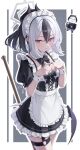  1girl absurdres apron black_bow black_bowtie black_dress black_hair blue_archive bow bowtie closed_mouth commentary_request demon_girl demon_horns demon_wings detached_collar doodle_sensei_(blue_archive) dress four-finger_heart_hands frilled_dress frills grey_halo halo heart heart_hands highres horns huran_tea kayoko_(blue_archive) light_frown long_hair maid maid_apron maid_headdress multicolored_hair ponytail red_eyes sensei_(blue_archive) short_sleeves solo streaked_hair sweatdrop thigh_strap white_apron white_hair white_headdress wings 