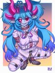  1girl @_@ absurdres ahoge bdsm blue_hair blue_skin bondage bound breasts colored_skin commentary covered_nipples crazy demon_girl english_commentary fangs hair_ornament heart heart_ahoge heterochromia highres horns indie_virtual_youtuber long_pointy_ears pink_horns plaguebby pointy_ears second-party_source sharp_teeth short_twintails smile solo straitjacket teeth twintails upper_teeth_only virtual_youtuber x_eye zero_hime 