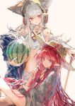  2girls absurdres animal_ears arknights bare_shoulders beanie bikini black_bikini black_hat black_jacket blush braid braided_sidelocks brown_hat commentary demon_girl demon_horns ears_through_headwear food fox_ears fox_girl frostleaf_(arknights) fruit grey_hair hat headphones highres holding holding_food holding_fruit horns ichika_(ichika87) implied_extra_ears jacket looking_at_viewer material_growth midriff multiple_girls off_shoulder open_clothes open_jacket oripathy_lesion_(arknights) pointy_ears red_eyes red_hair shirt sidelocks simple_background sitting skirt standing straw_hat swimsuit untranslatable_commentary vigna_(arknights) watermelon white_shirt white_skirt 