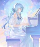  1girl bare_shoulders blue_hair blue_nails breasts closed_eyes closed_mouth commentary dress fingernails highres instrument long_dress long_hair medium_breasts nail_polish piano playing_instrument playing_piano shorekeeper_(wuthering_waves) sitting smile solo takedraws white_dress wuthering_waves 