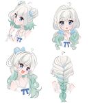  1girl :o ahoge alternate_hair_length_(longer) alternate_hairstyle blue_bow blue_bowtie blue_eyes blue_scrunchie blush bow bowtie braid commentary cropped_shoulders densetsu.exe double_bun dress english_commentary facing_away gradient_hair green_hair hair_bow hair_bun hair_ornament hair_scrunchie highres long_hair looking_at_viewer mint_fantome mint_fantome_(summer) multicolored_hair multiple_views o3o open_mouth pointing pointing_at_self scrunchie short_twintails simple_background smile spaghetti_strap strawrubiberryy twintails virtual_youtuber white_background white_dress white_hair 