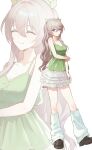  1girl absurdres arm_at_side arm_under_breasts blue_eyes blush bow breasts brown_shoes cleavage closed_eyes commentary facing_to_the_side firefly_(honkai:_star_rail) frilled_skirt frills gradient_eyes green_shirt grey_hair hair_between_eyes hair_bow highres honkai:_star_rail honkai_(series) kimmuk long_hair looking_at_viewer loose_socks medium_breasts miniskirt multicolored_eyes multiple_hair_bows pink_eyes shirt shoes simple_background skirt smile socks tank_top twintails white_socks yellow_eyes 
